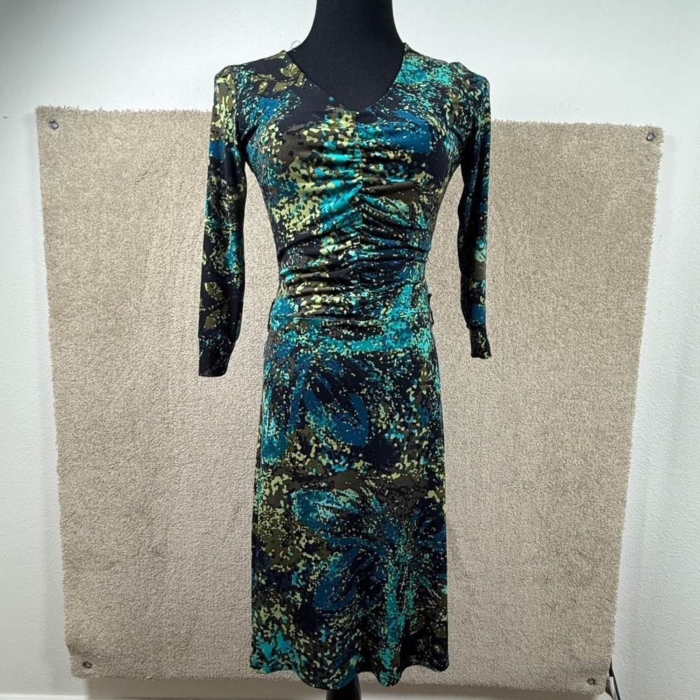 Veronicam Womens XS Teal Green Abstract V-Neck Long Sleeve Midi Dress‎ no belt